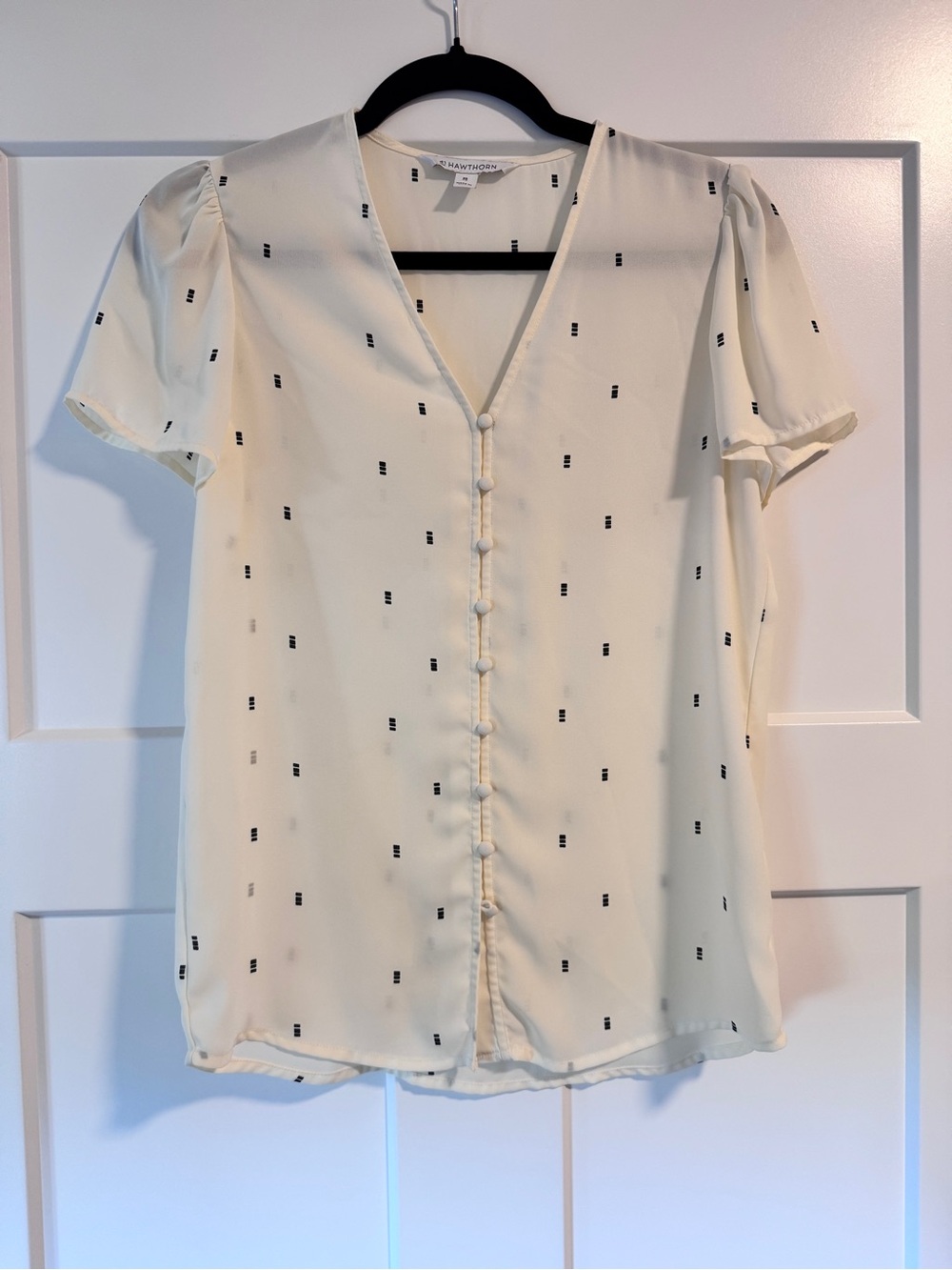 41 Hawthorn Cream Button-Front Short Sleeve Blouse with Black Dot Print